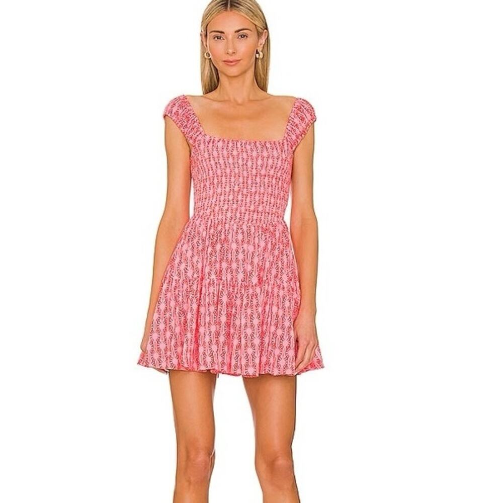 Free People Sweet Annie Mini Dress Pink Smocked Printed Mini Size Large